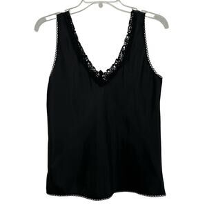 Vintage Escapades Satin Camisole Tank Top M L Black Lace Trim USA V Neck Shell